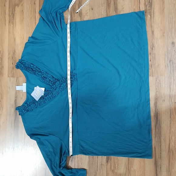LIZ & ME Turquoise Blue V-Neck 3/4 Sleeve Ruffle Detail Top Shirt - Picture 8 of 11
